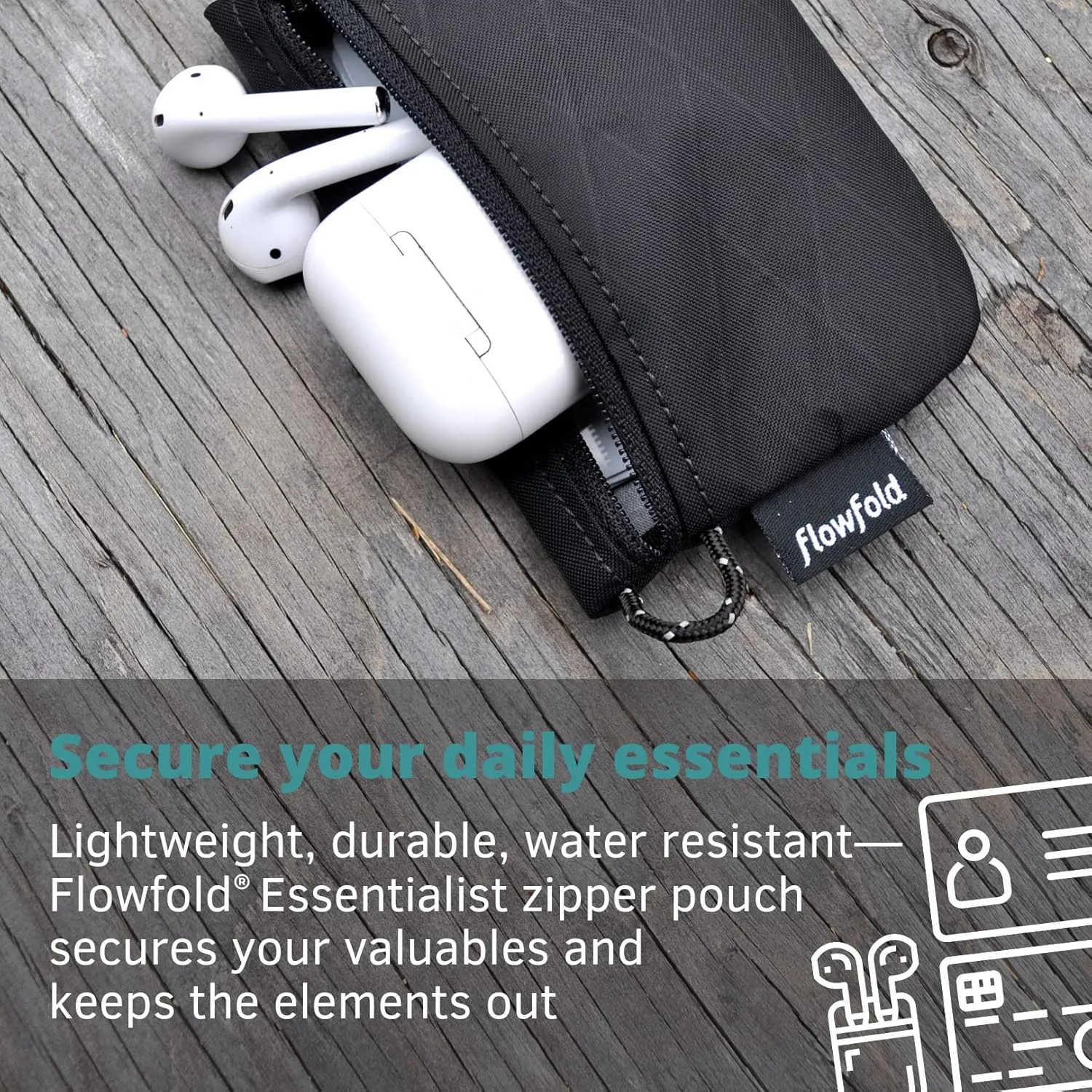 Flowfold Recycled Fabric Mini Zipper Pouch Water Repellent Small Pouch Wallet & Card Pouch for Keys, ID, Coins & AirPods Case Made in USA