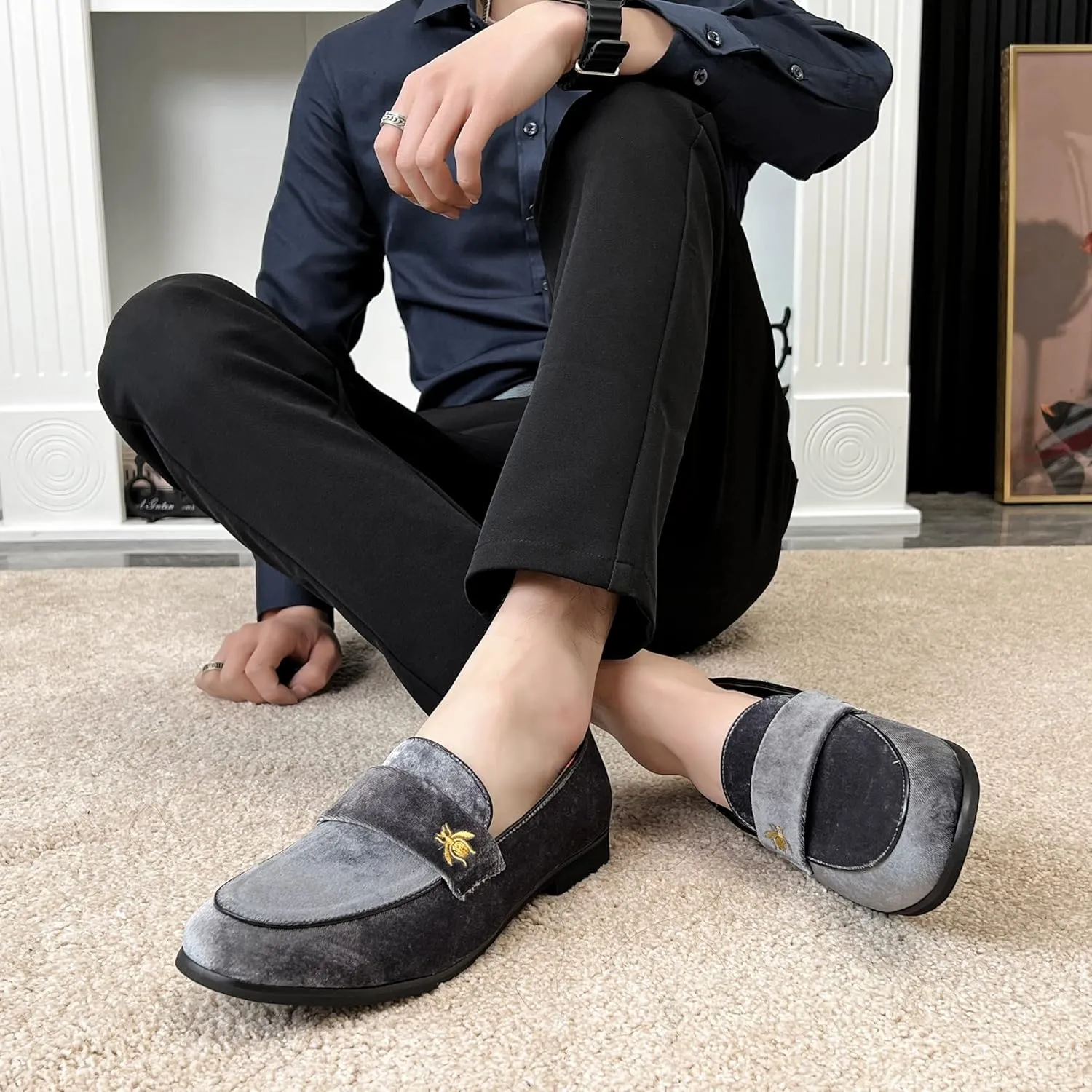 FLQL Men's Luxury Penny Loafer Slip-On Velvet Shoes Party Dancing Shoes Suede Wedding Shoes Plus Size 7-13