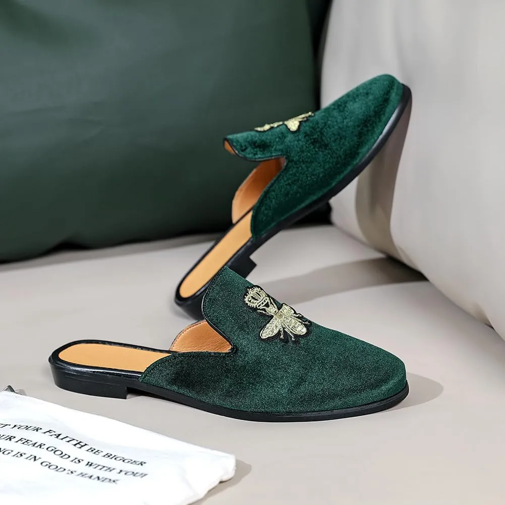 FLQL Mens Shoes Luxury Velvet Gold Buckle Slip-on Penny Loafers Casual Smoking Slippers Indoor Outdoor Sandals Black Size 7-13