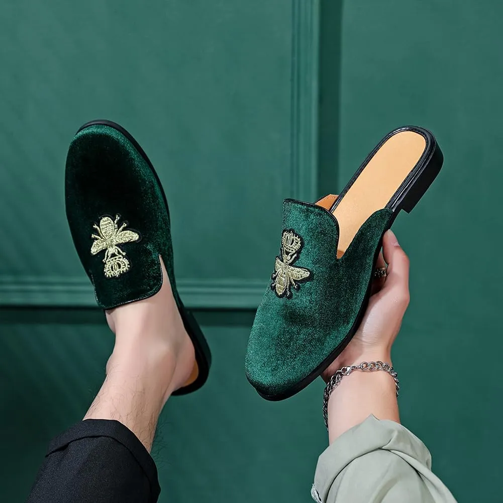 FLQL Mens Shoes Luxury Velvet Gold Buckle Slip-on Penny Loafers Casual Smoking Slippers Indoor Outdoor Sandals Black Size 7-13