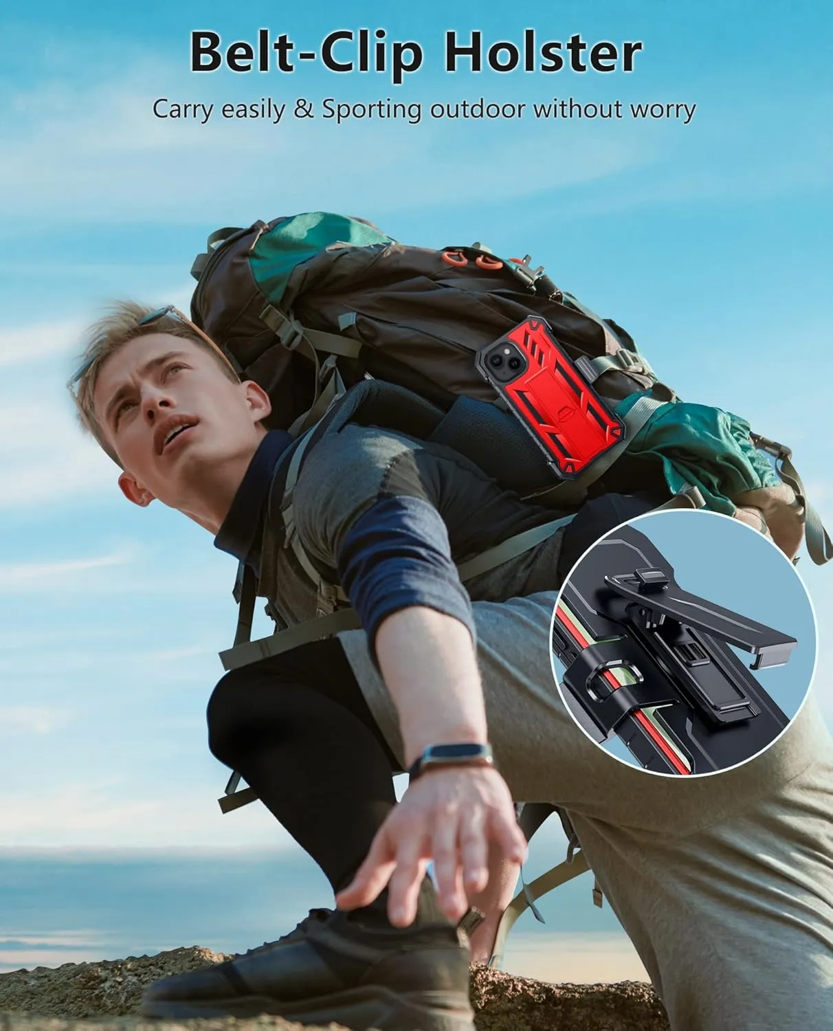 FNTCASE for iPhone 15 Phone Case: for iPhone 14 & 13 & 16e Case Military Shockproof Protective Rugged Cell Phone Cover with Kickstand & Belt-Clip Holster, Heavy Duty Hard Cases 5G - 6.1 Inch Red