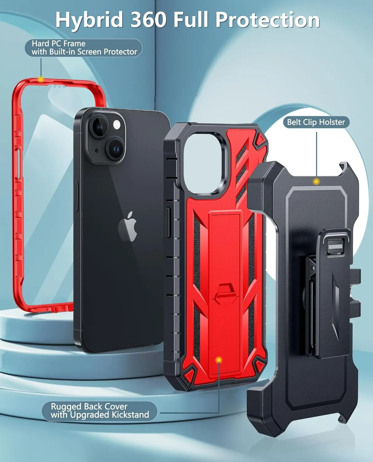 FNTCASE for iPhone 15 Phone Case: for iPhone 14 & 13 & 16e Case Military Shockproof Protective Rugged Cell Phone Cover with Kickstand & Belt-Clip Holster, Heavy Duty Hard Cases 5G - 6.1 Inch Red