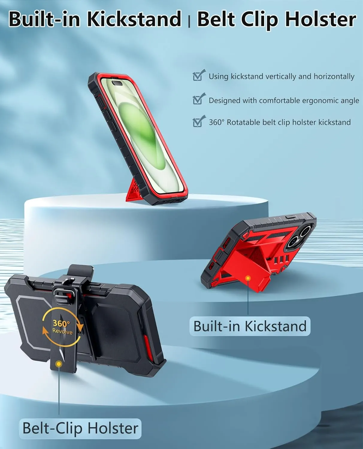 FNTCASE for iPhone 15 Phone Case: for iPhone 14 & 13 & 16e Case Military Shockproof Protective Rugged Cell Phone Cover with Kickstand & Belt-Clip Holster, Heavy Duty Hard Cases 5G - 6.1 Inch Red