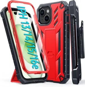 FNTCASE for iPhone 15 Phone Case: for iPhone 14 & 13 & 16e Case Military Shockproof Protective Rugged Cell Phone Cover with Kickstand & Belt-Clip Holster, Heavy Duty Hard Cases 5G - 6.1 Inch Red