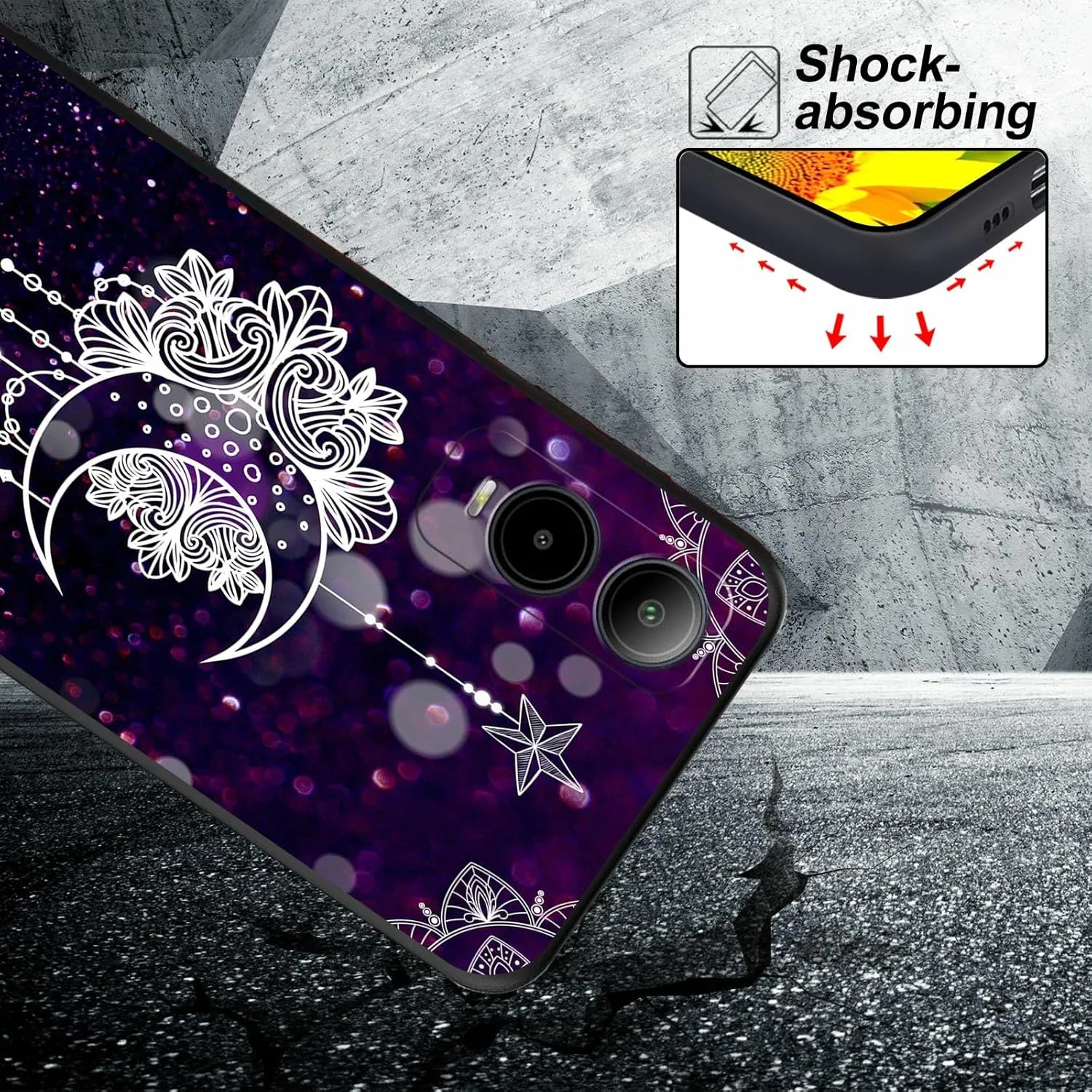 for Cricket Icon 6 Moon Star Galaxy Florals Theme Phone Case Ultra-Thin Soft Black TPU Shockproof Protection Cover for Cricket Icon 6