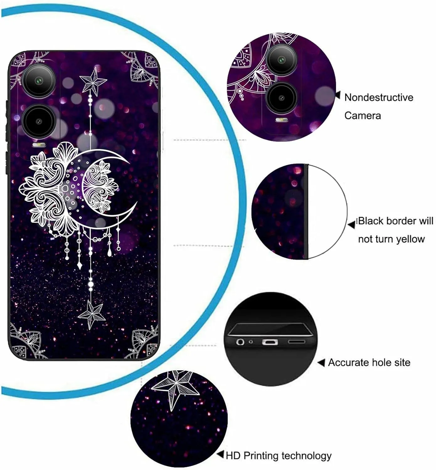for Cricket Icon 6 Moon Star Galaxy Florals Theme Phone Case Ultra-Thin Soft Black TPU Shockproof Protection Cover for Cricket Icon 6