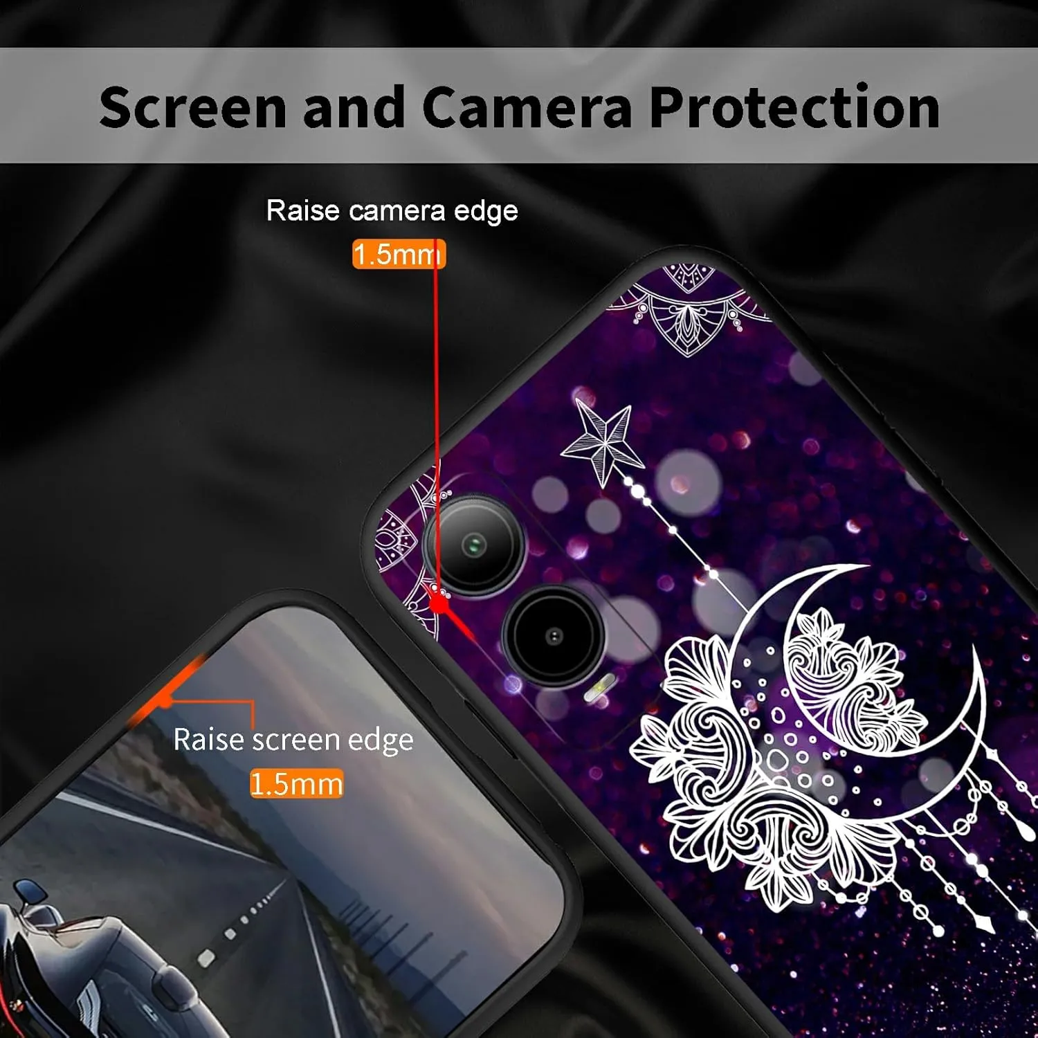 for Cricket Icon 6 Moon Star Galaxy Florals Theme Phone Case Ultra-Thin Soft Black TPU Shockproof Protection Cover for Cricket Icon 6