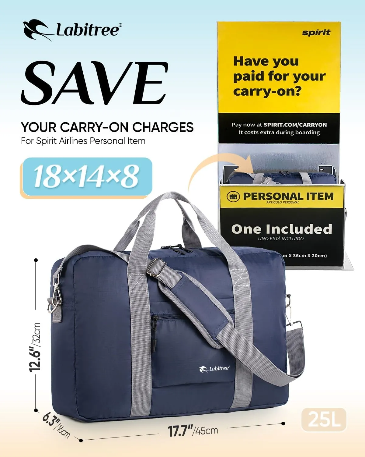 For Frontier Airlines Personal Item Travel Bag 18 x 14 x 8 Inches, Foldable Under Seat Duffel Bags for Spirit Airplane 14 x 18 x 8 Inches, Minimalist Overnight Bag for Women or Men Air Travel [Blue]