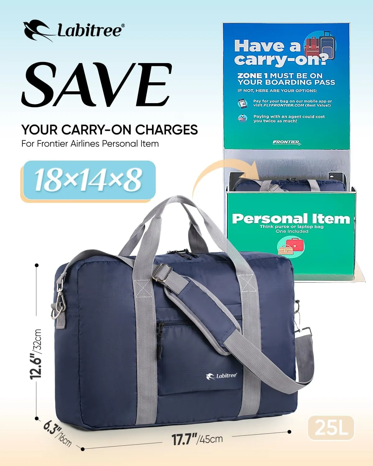 For Frontier Airlines Personal Item Travel Bag 18 x 14 x 8 Inches, Foldable Under Seat Duffel Bags for Spirit Airplane 14 x 18 x 8 Inches, Minimalist Overnight Bag for Women or Men Air Travel [Blue]