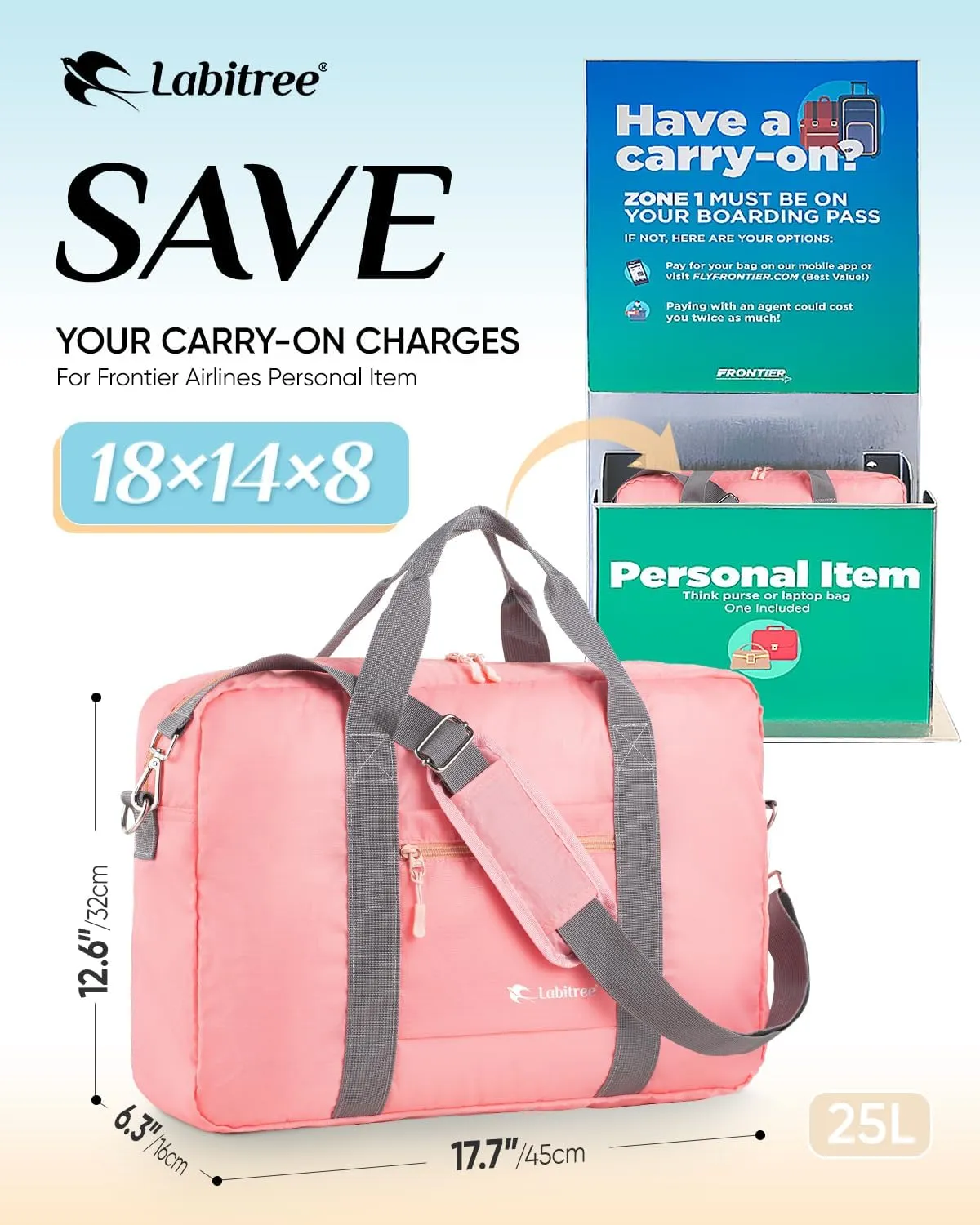 For Frontier Airlines Personal Item Travel Bag 18 x 14 x 8 Inches, Foldable Under Seat Duffel Bags for Spirit Airplane 14 x 18 x 8 Inches, Minimalist Overnight Bag for Women or Men Air Travel [Pink]