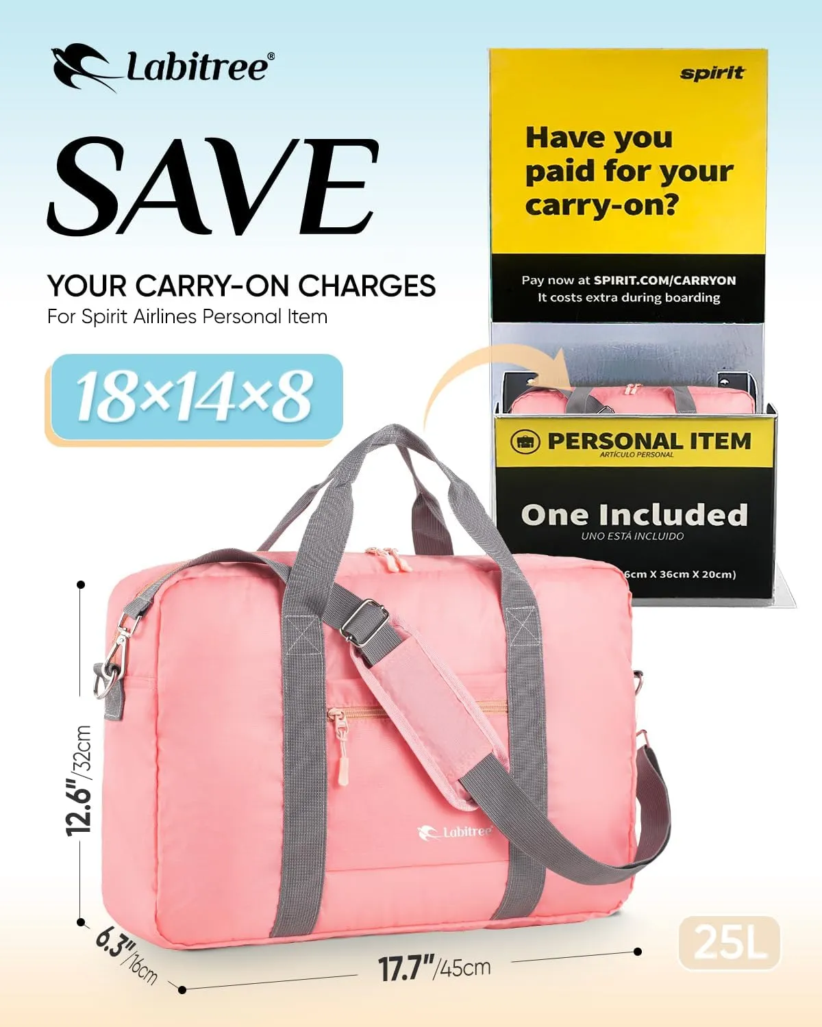For Frontier Airlines Personal Item Travel Bag 18 x 14 x 8 Inches, Foldable Under Seat Duffel Bags for Spirit Airplane 14 x 18 x 8 Inches, Minimalist Overnight Bag for Women or Men Air Travel [Pink]
