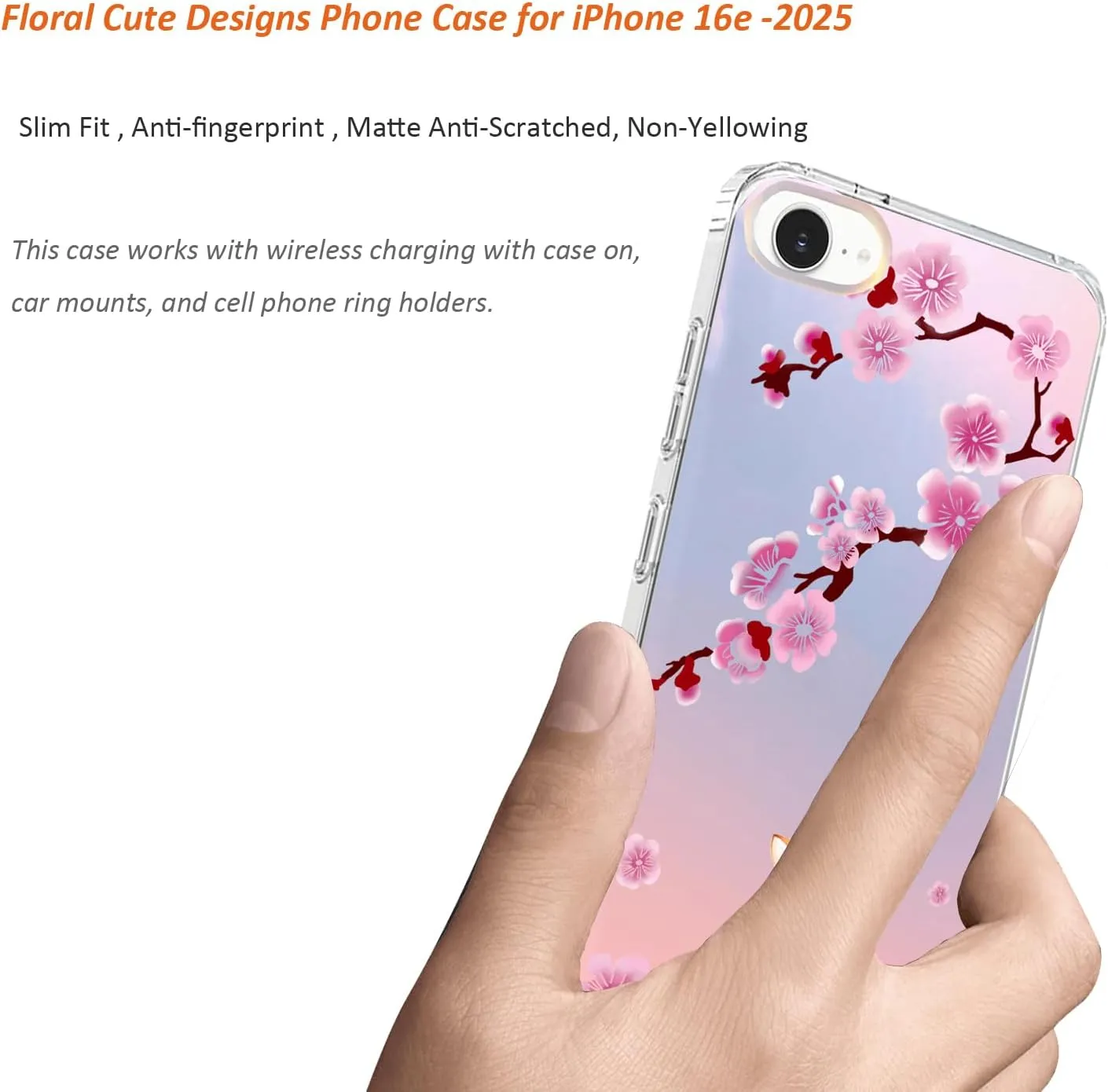 for iPhone 16e Case 2025, Slim Clear Matte Cute Flowers Floral Design for Girls Women Rugged TPU Bumper Shockproof Silicone Cell Phone Cover (Cherry Fox)