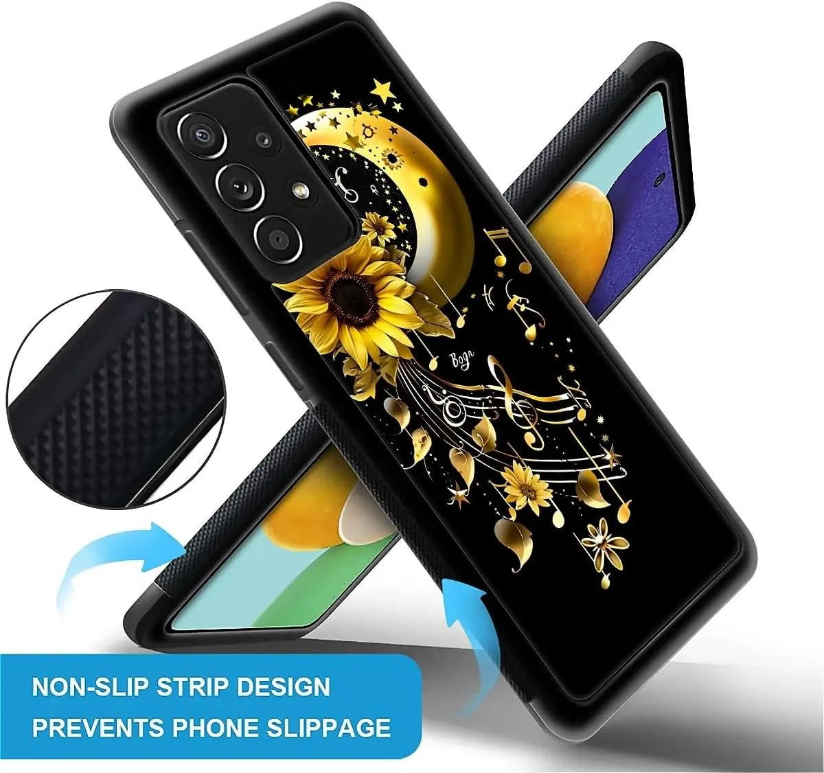 for Samsung Galaxy A53 5G Case, Moon Stars Music Sunflower Pattern Graphic Design Girl Boy Soft Silicone Hard Acrylic Shock Protection for Samsung Galaxy A53 5G