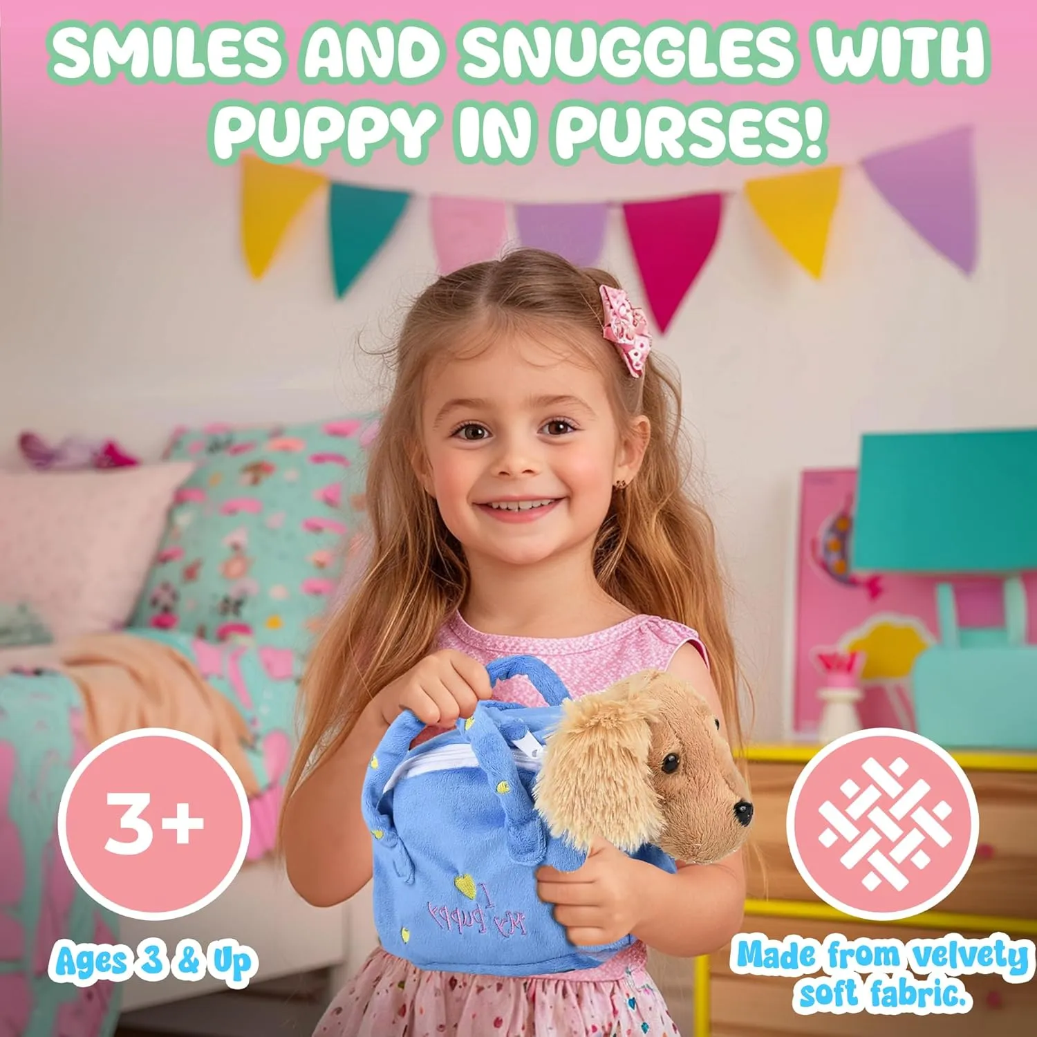 Forest & Twelfth Puppy Stuffed Animal in Purse – Soft Dog Bag with Removable Toy Dog Stuffed Animal with Embroidered Puppy and Heart, Ideal Puppy Toy Gift for Kids (Set of 4)