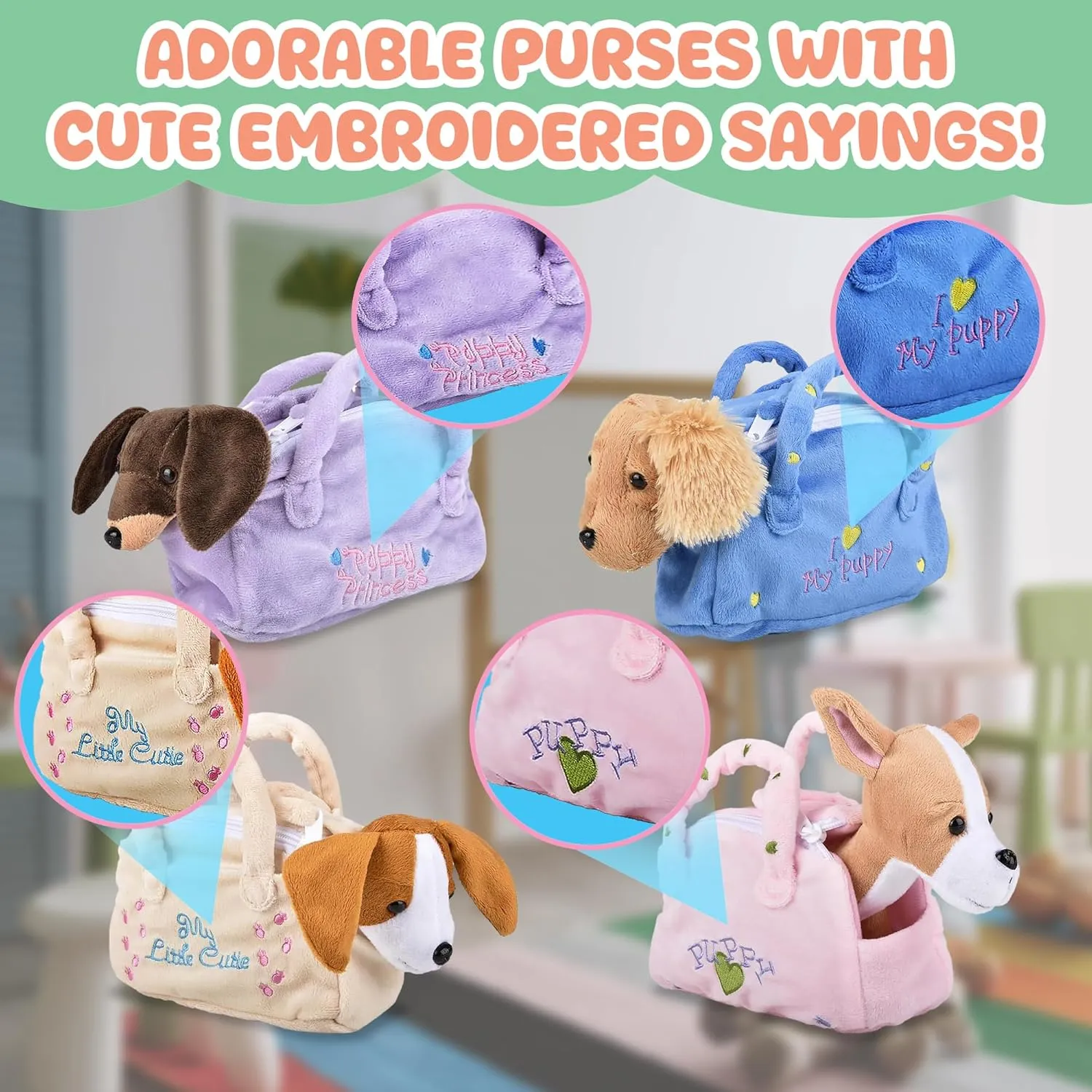 Forest & Twelfth Puppy Stuffed Animal in Purse – Soft Dog Bag with Removable Toy Dog Stuffed Animal with Embroidered Puppy and Heart, Ideal Puppy Toy Gift for Kids (Set of 4)