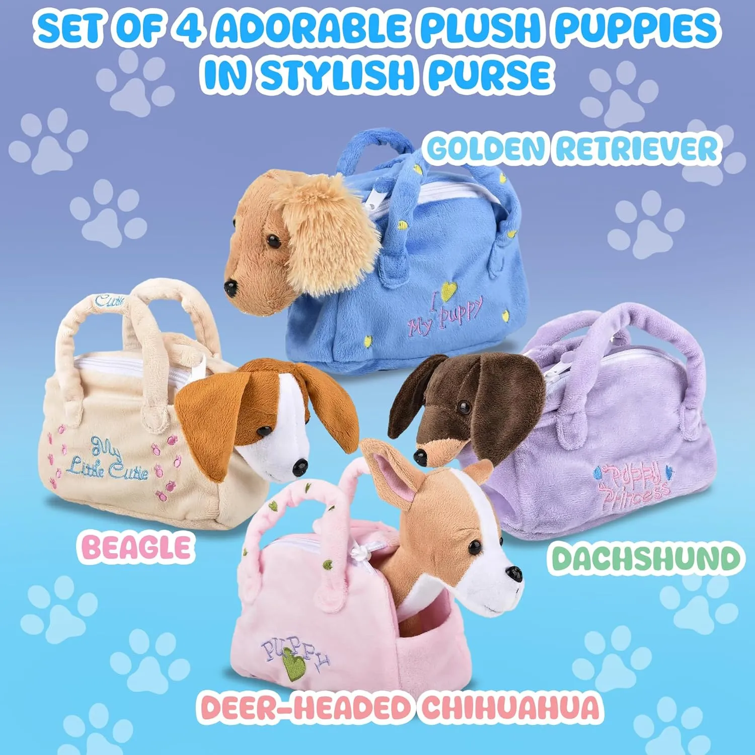 Forest & Twelfth Puppy Stuffed Animal in Purse – Soft Dog Bag with Removable Toy Dog Stuffed Animal with Embroidered Puppy and Heart, Ideal Puppy Toy Gift for Kids (Set of 4)