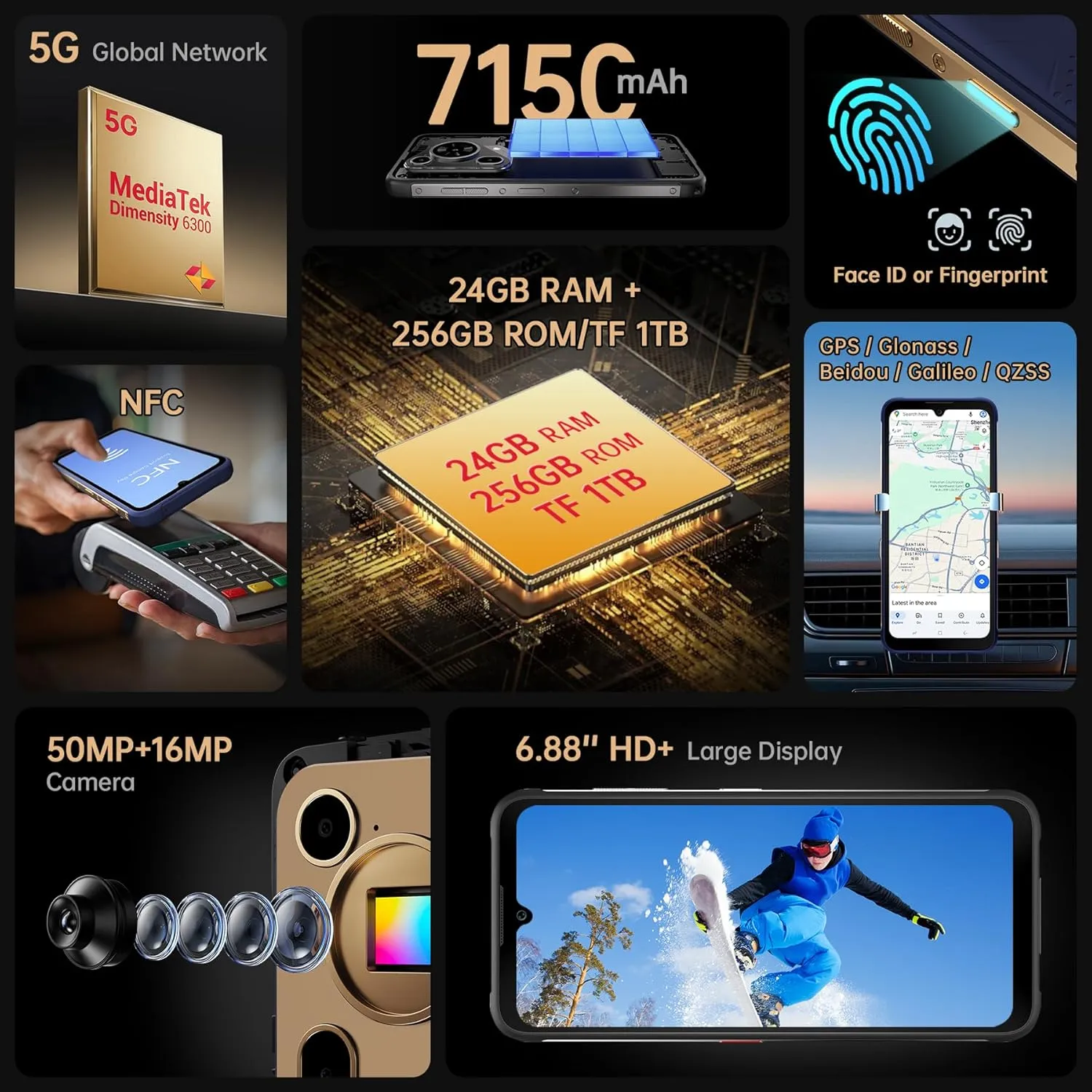 FOSSIBOT F112 PRO (2025) Rugged Phone Unlocked 5G - 24GB RAM 256GB/1TB ROM Cell Phone, 6.88''Display, 7150mAh Battery Smartphone, 50MP Camera, Android 14 Dual SIM Phones, IP68/IP69K/NFC/GPS/T-Mobile