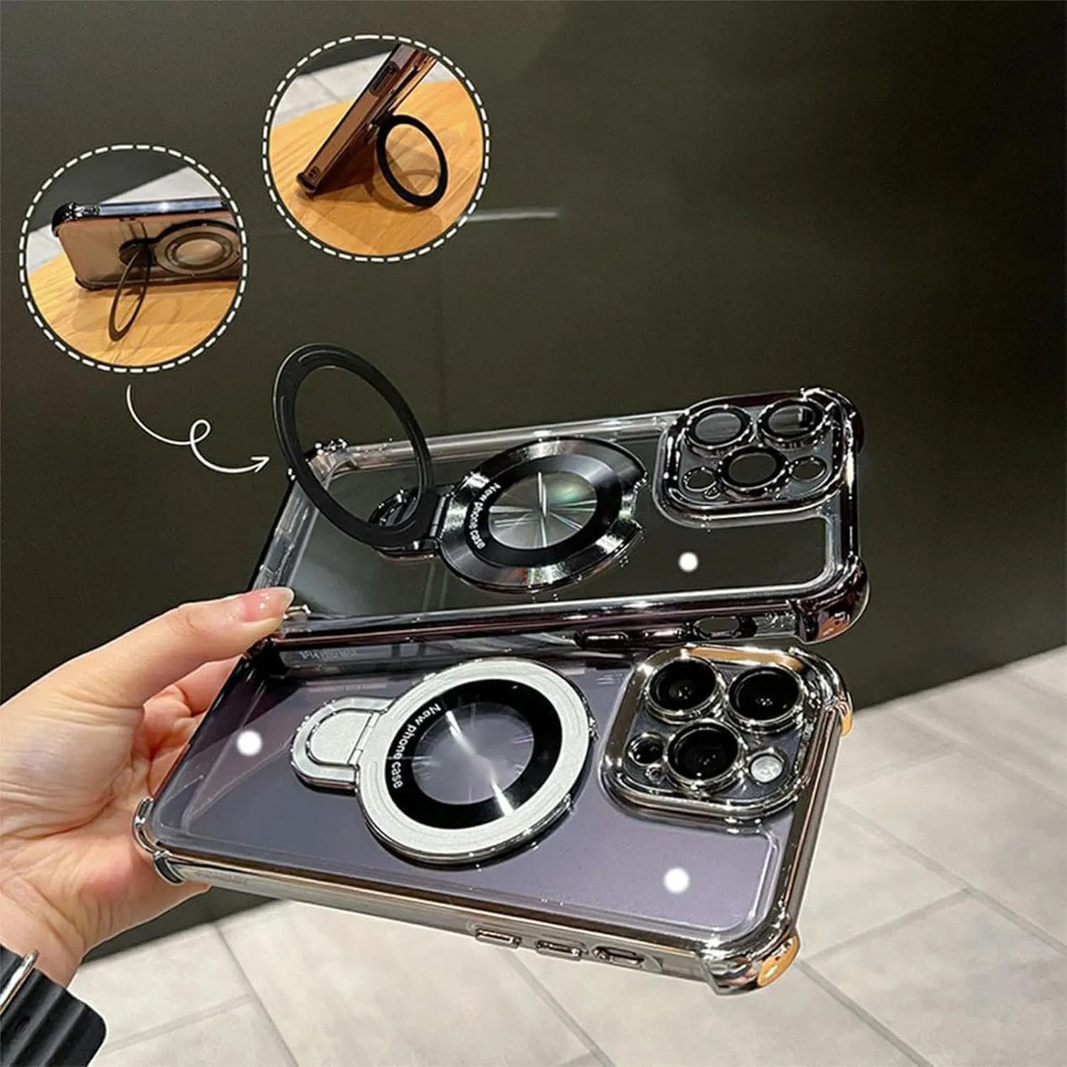 Four Corners Anti-Drop Cell Phone Case,4 Corners Airbag Magnetic Anti-Fall Transparent Bracket Case Cover for iPhone 15 14 13 12 Pro Max Plus (Purple,15)