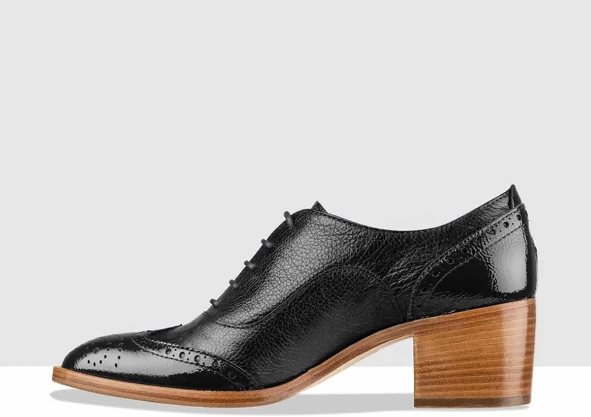 FOWT Women's Perforated Lace-Up Oxfords Almond Toe Mid Chunky Heel Brogues Casual Unisex Derby Saddle Shoes for Office Vacation Business US Size 4-16