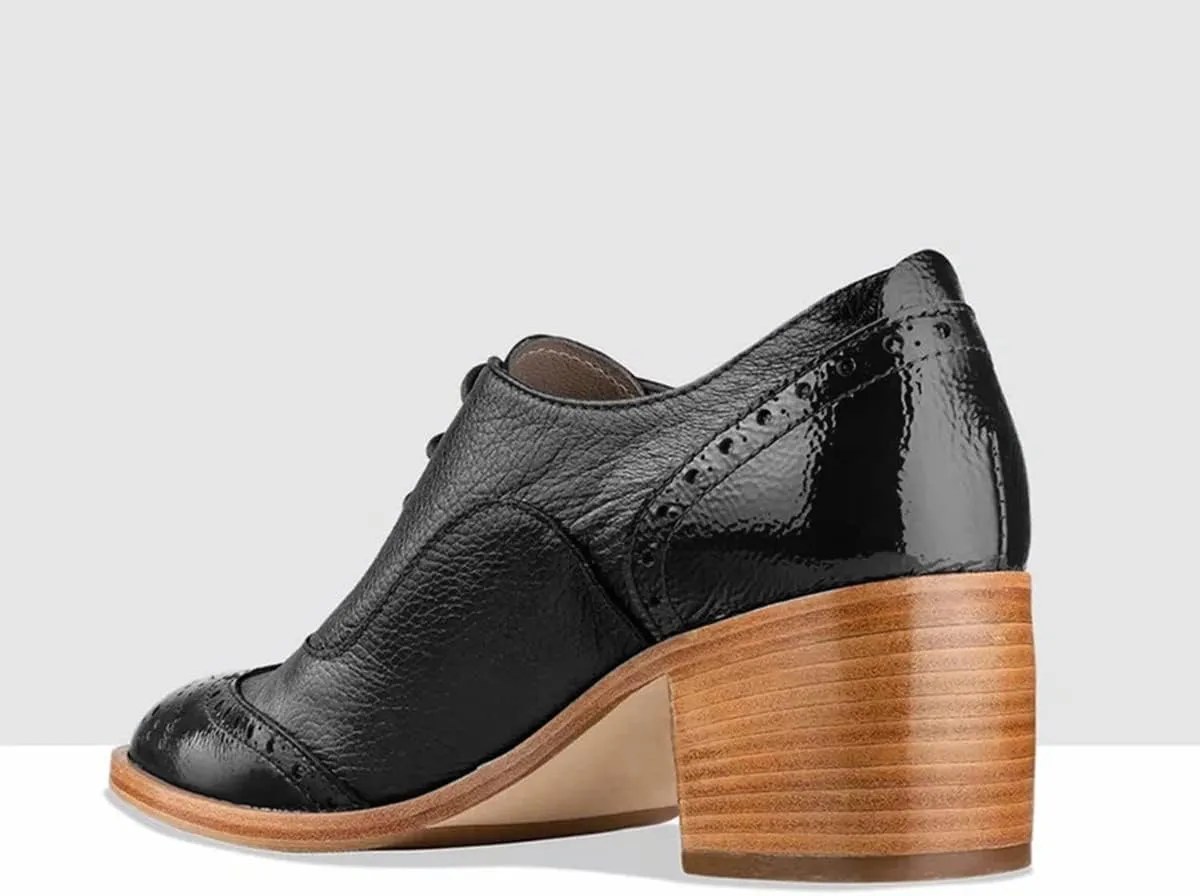 FOWT Women's Perforated Lace-Up Oxfords Almond Toe Mid Chunky Heel Brogues Casual Unisex Derby Saddle Shoes for Office Vacation Business US Size 4-16
