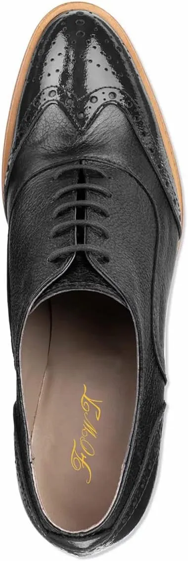 FOWT Women's Perforated Lace-Up Oxfords Almond Toe Mid Chunky Heel Brogues Casual Unisex Derby Saddle Shoes for Office Vacation Business US Size 4-16