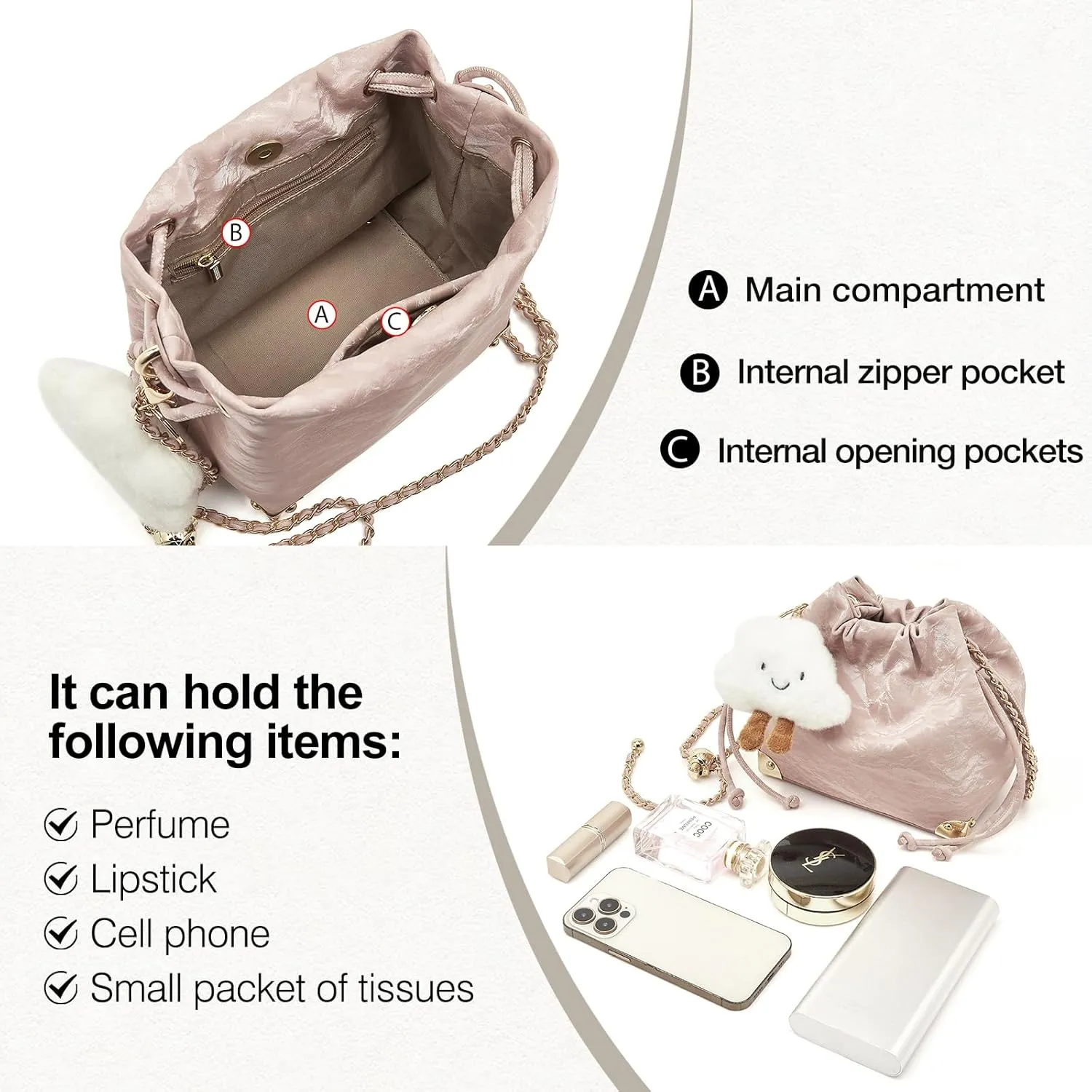 FOXLOVER Chamois Crossbody bags for women Small Bucket Velvet Fabric Soft Leather Purses Design Pearlescent Chain Straps