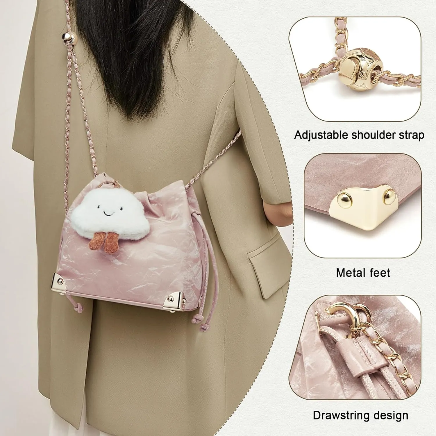 FOXLOVER Chamois Crossbody bags for women Small Bucket Velvet Fabric Soft Leather Purses Design Pearlescent Chain Straps