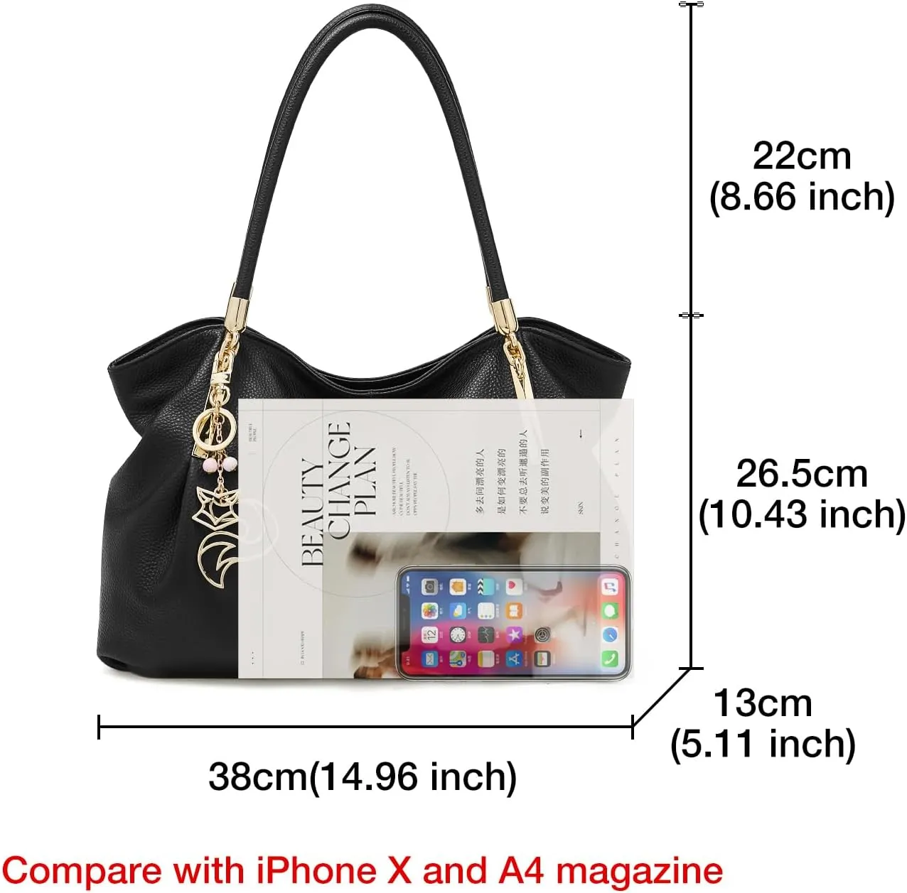 FOXLOVER Cow Leather Tote Bags for Women Large Capacity Top-Handle Handbag Shoulder Bag Purse Zipper Closure with Metal Charm
