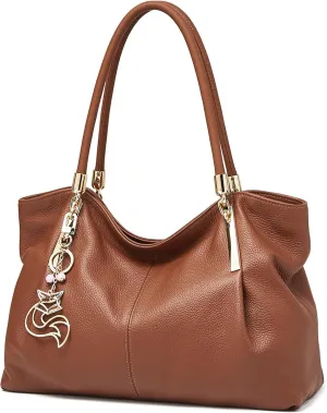 FOXLOVER Cow Leather Tote Bags for Women Large Capacity Top-Handle Handbag Shoulder Bag Purse Zipper Closure with Metal Charm