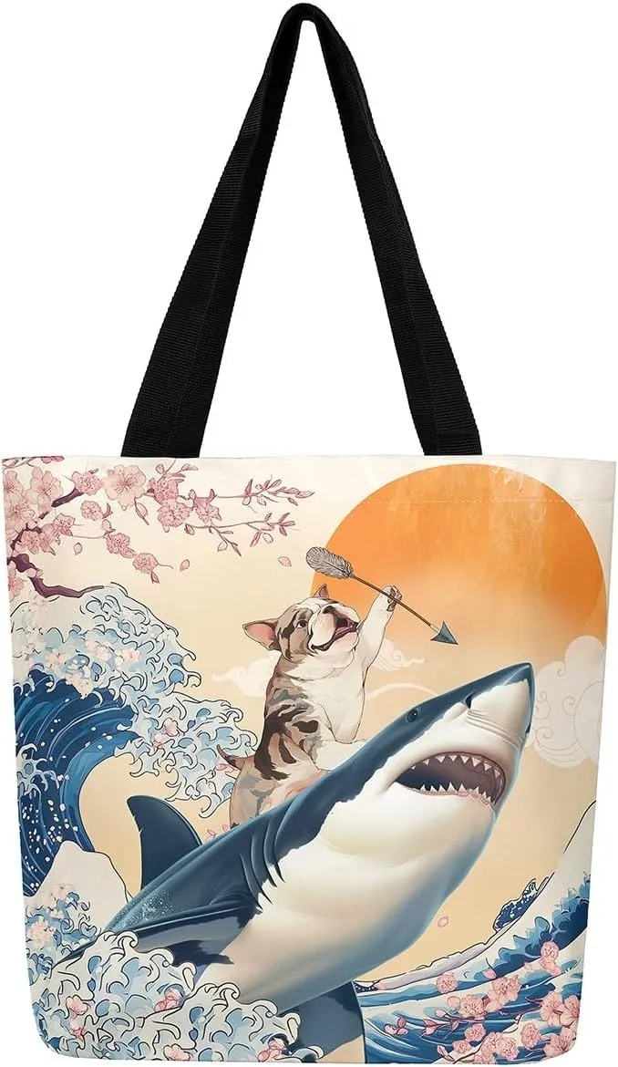 Funny Dog Canvas Bag Japanese Ocean Wave Grocery Bag, Cartoon Asian Fun Anime Canvas Tote Bag