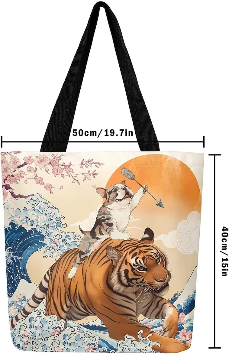 Funny Dog Canvas Bag Japanese Ocean Wave Grocery Bag, Cartoon Asian Fun Anime Canvas Tote Bag