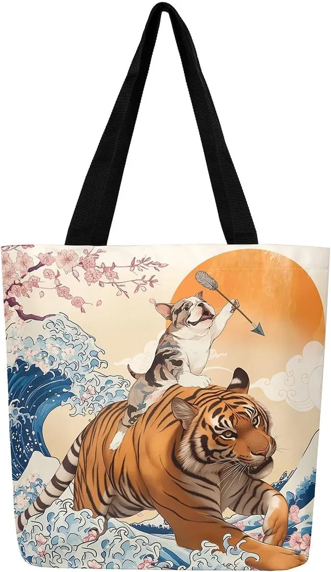 Funny Dog Canvas Bag Japanese Ocean Wave Grocery Bag, Cartoon Asian Fun Anime Canvas Tote Bag