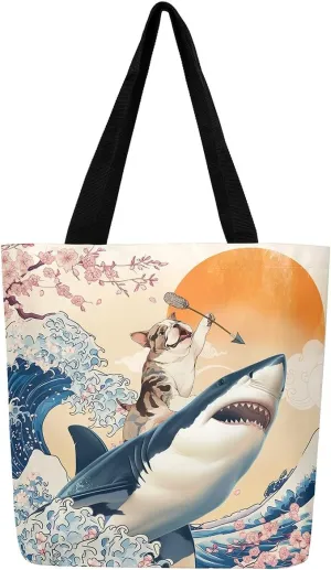 Funny Dog Canvas Bag Japanese Ocean Wave Grocery Bag, Cartoon Asian Fun Anime Canvas Tote Bag