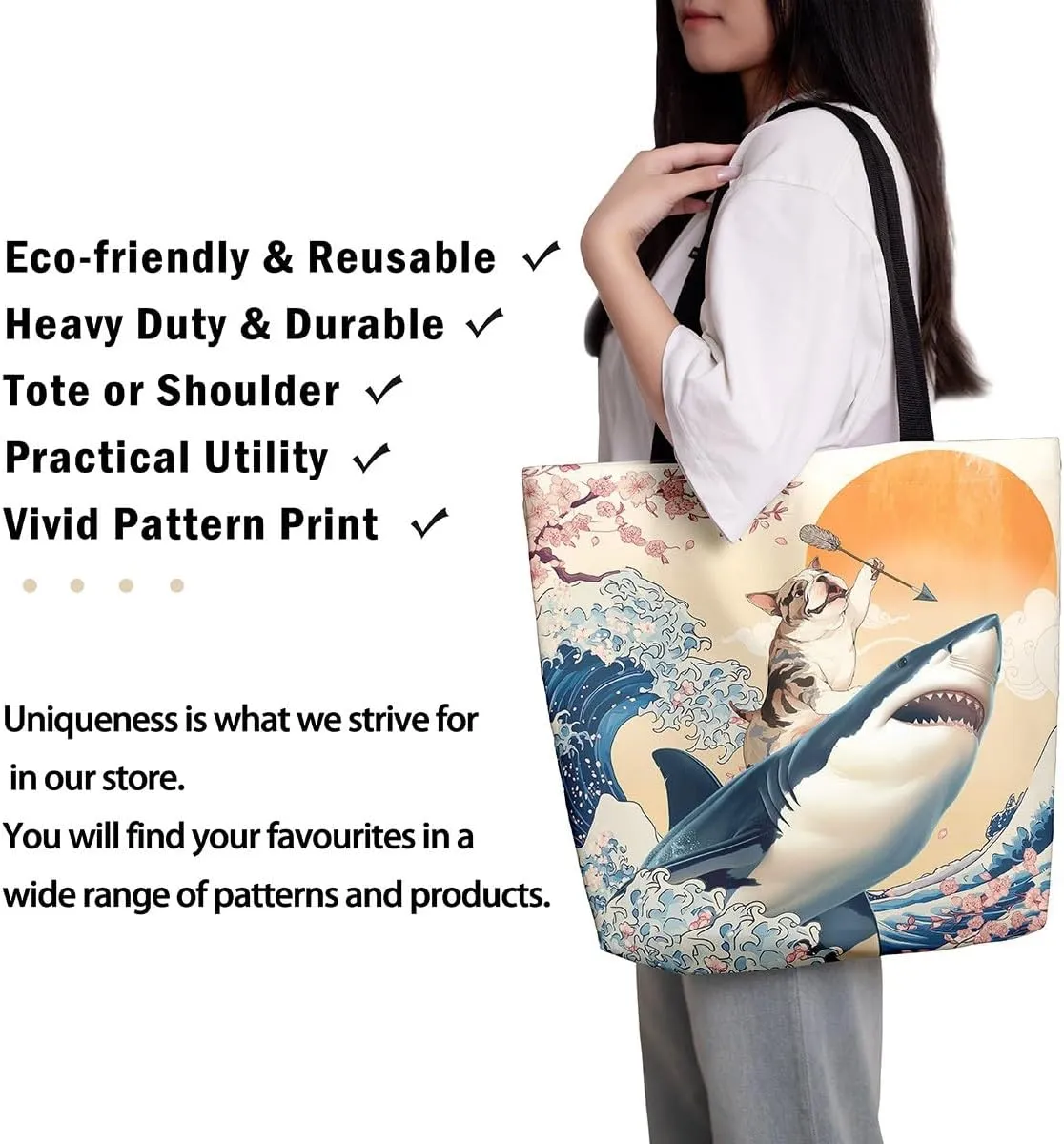 Funny Dog Canvas Bag Japanese Ocean Wave Grocery Bag, Cartoon Asian Fun Anime Canvas Tote Bag