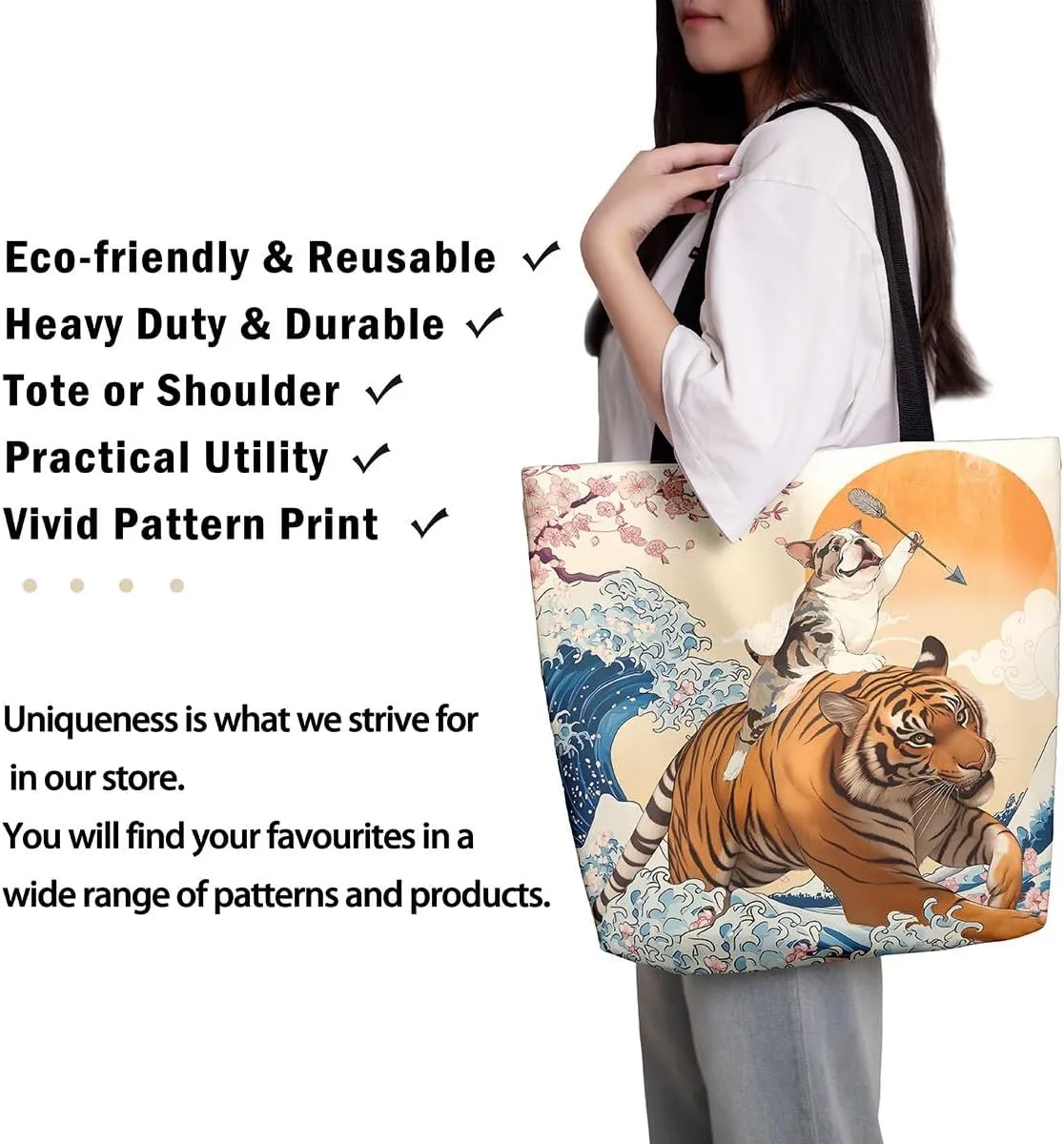 Funny Dog Canvas Bag Japanese Ocean Wave Grocery Bag, Cartoon Asian Fun Anime Canvas Tote Bag