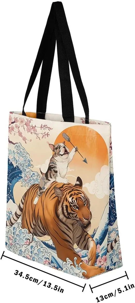 Funny Dog Canvas Bag Japanese Ocean Wave Grocery Bag, Cartoon Asian Fun Anime Canvas Tote Bag