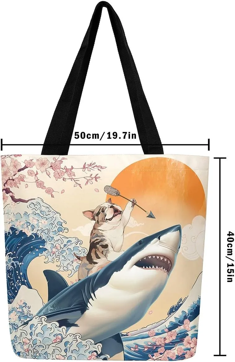Funny Dog Canvas Bag Japanese Ocean Wave Grocery Bag, Cartoon Asian Fun Anime Canvas Tote Bag