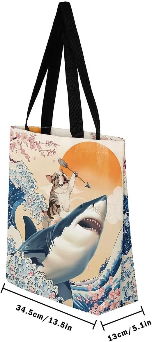 Funny Dog Canvas Bag Japanese Ocean Wave Grocery Bag, Cartoon Asian Fun Anime Canvas Tote Bag