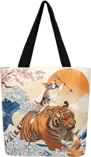 Funny Dog Canvas Bag Japanese Ocean Wave Grocery Bag, Cartoon Asian Fun Anime Canvas Tote Bag