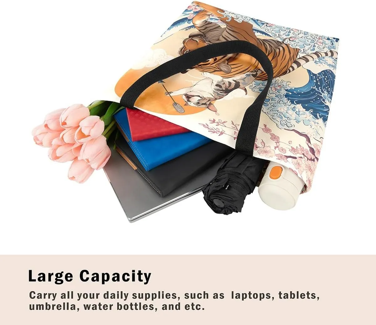 Funny Dog Canvas Bag Japanese Ocean Wave Grocery Bag, Cartoon Asian Fun Anime Canvas Tote Bag
