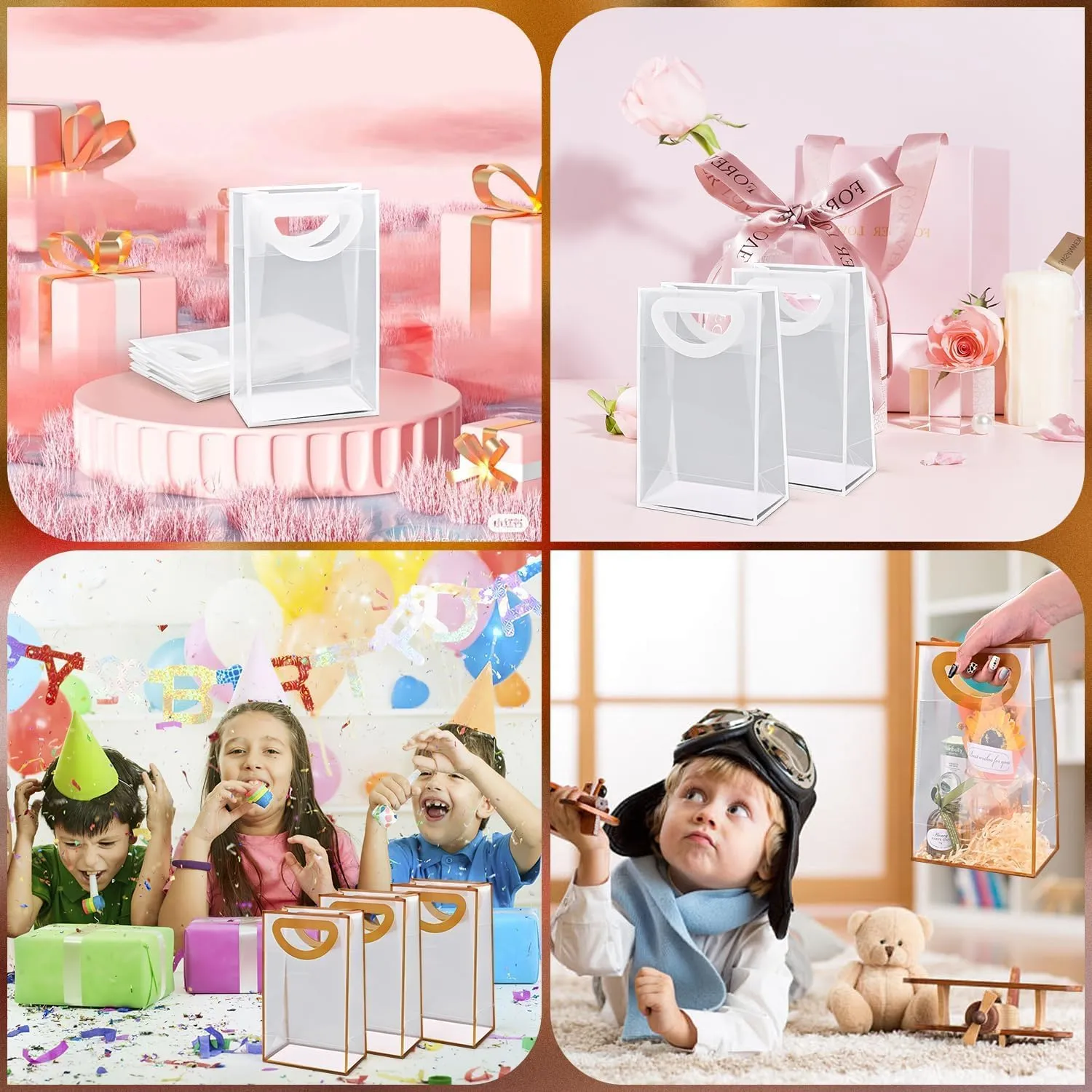 FYIN-HONG Clear Gift Bags With Handles 24 Pcs Frosting Plastic Small Gift Bag Goodie Bag Favor Bags Small Gift Bag Valentines
