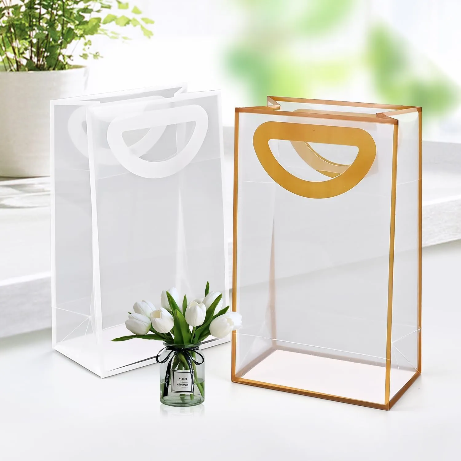 FYIN-HONG Clear Gift Bags With Handles 24 Pcs Frosting Plastic Small Gift Bag Goodie Bag Favor Bags Small Gift Bag Valentines