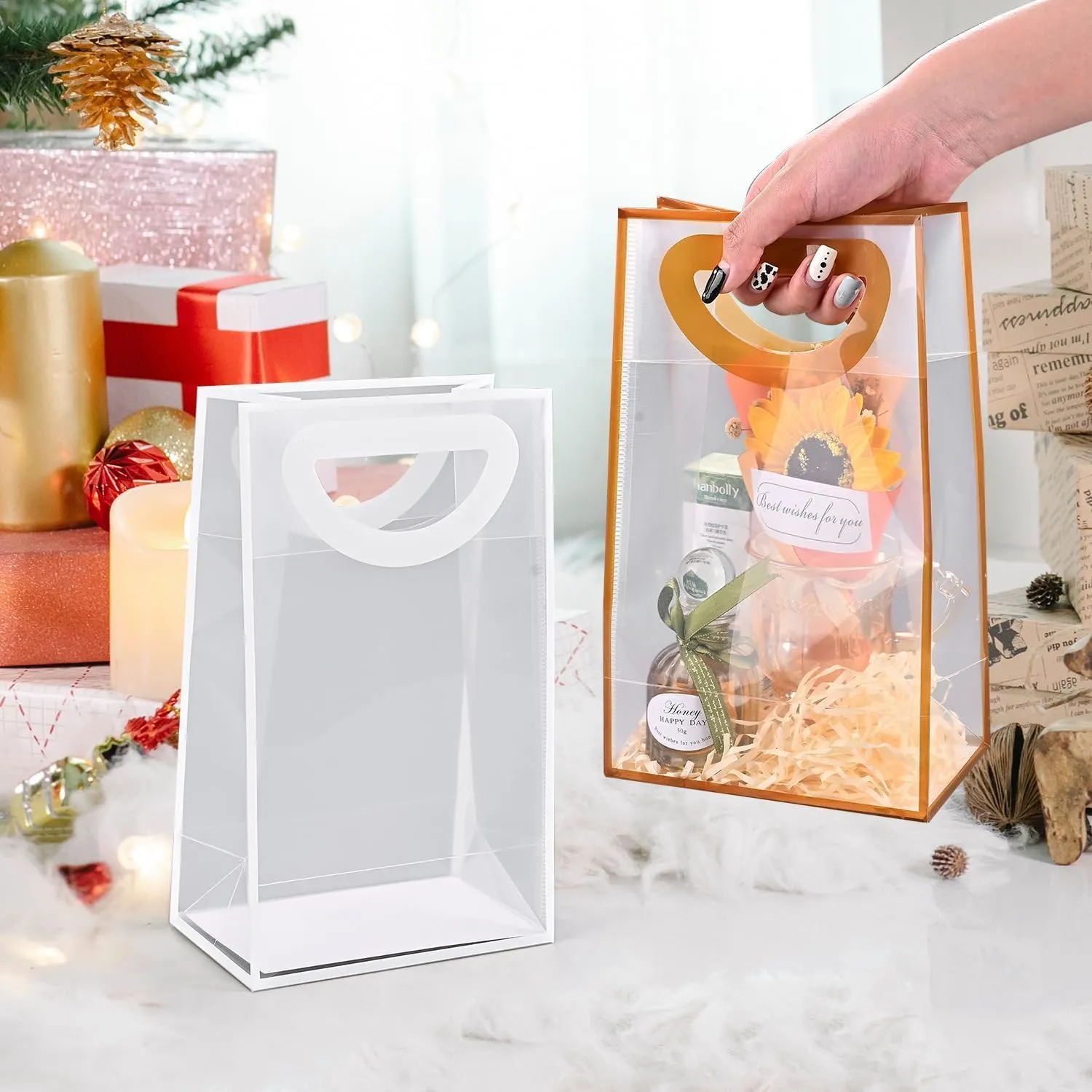 FYIN-HONG Clear Gift Bags With Handles 24 Pcs Frosting Plastic Small Gift Bag Goodie Bag Favor Bags Small Gift Bag Valentines
