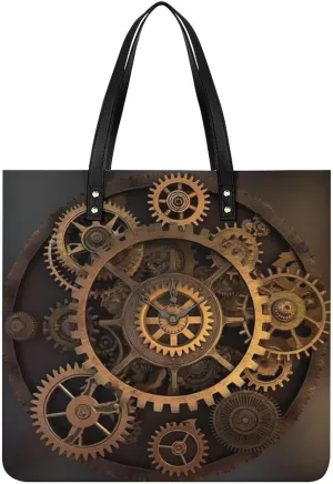 Gears Clock Bronze Century Tote Bag Pu Leather Handbags for Women Shopping Shoulder Bags Travel Hobo Bags Slouchy Tote Big Capacity Cross Body Handbags Laptop Briefcases