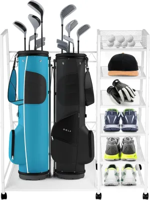 GENMOUS Golf Bag Organizer Garage Storage, Golfing Equipment Accessories, Golf Storage Rack Stand Fits for 2 Golf Bags, Golf Organizer for Garage, Club, Shed, Basement
