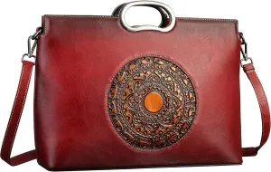 Genuine Leather Handbags for Women, Organizer Crossbody Bag Large Satchel Vintage Embossing Totem Shoulder Bag (Red)