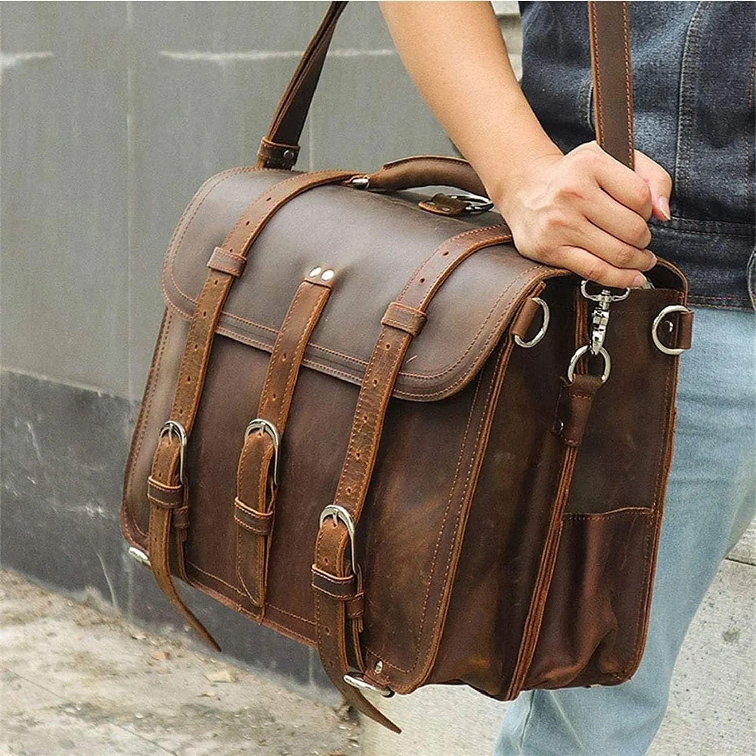 Genuine Leather Men's Briefcases 15.6" Laptop Bag Office Bags for Men Document Business Shoulder Messenger Bag