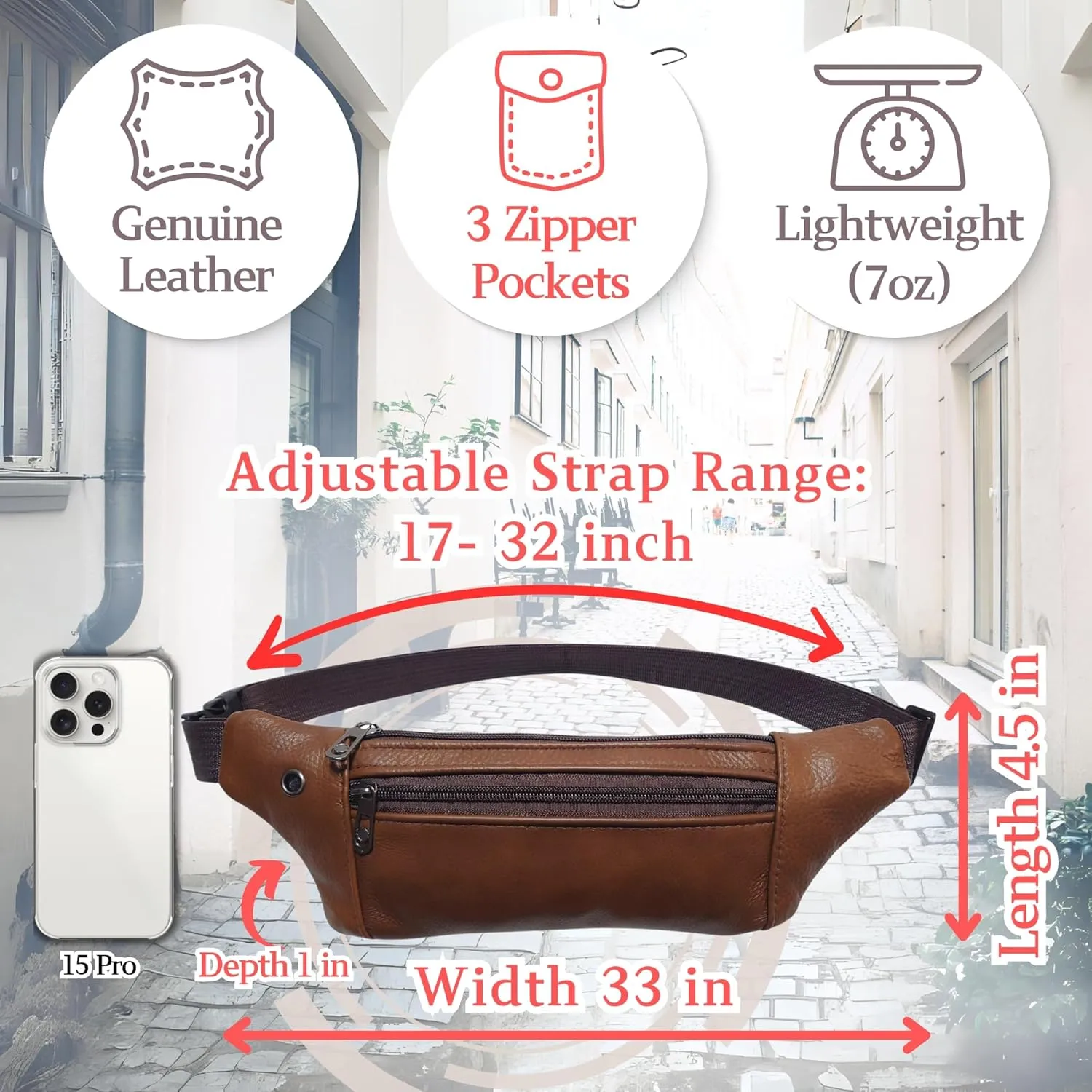 Genuine Leather Slim Sling Waist Bag, Crossbody Travel Pouch with Adjustable Strap and key Ring (Saddle Brown)