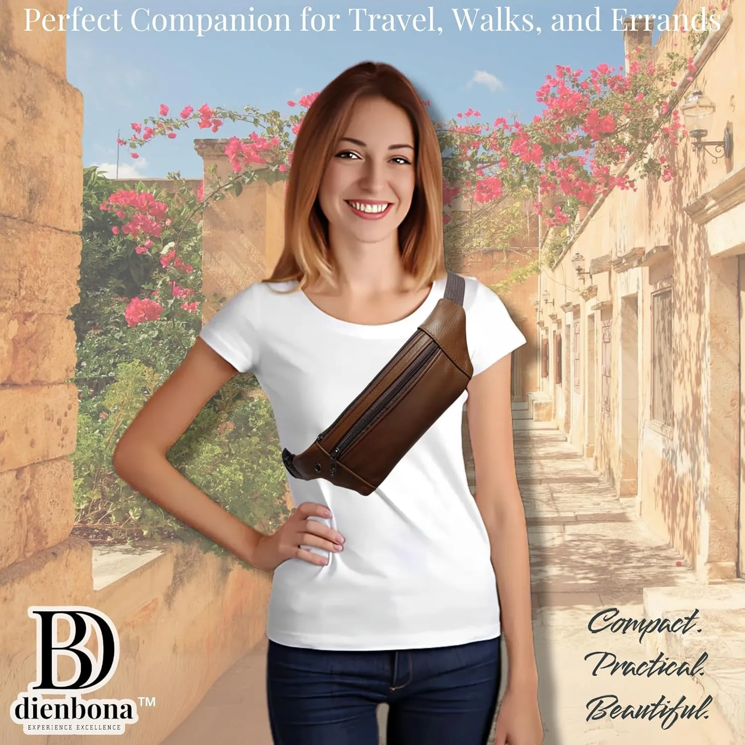 Genuine Leather Slim Sling Waist Bag, Crossbody Travel Pouch with Adjustable Strap and key Ring (Saddle Brown)
