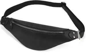 Genuine Leather Slim Waist Pack for Man & Woman, Vintage Design & 4 Zipper Pockets & Adjustable Strap, Large Capacity Fanny Pack Crossbody Belt Bag for Travel or Ride, 1033 Black